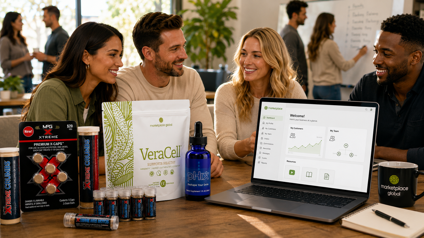 Marketplace Global opportunity team conversation with products and laptop dashboard