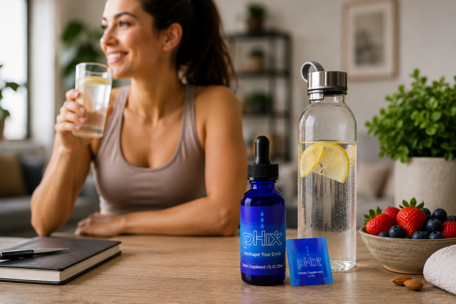 Healthy lifestyle setting with pHix bottle and snap nearby